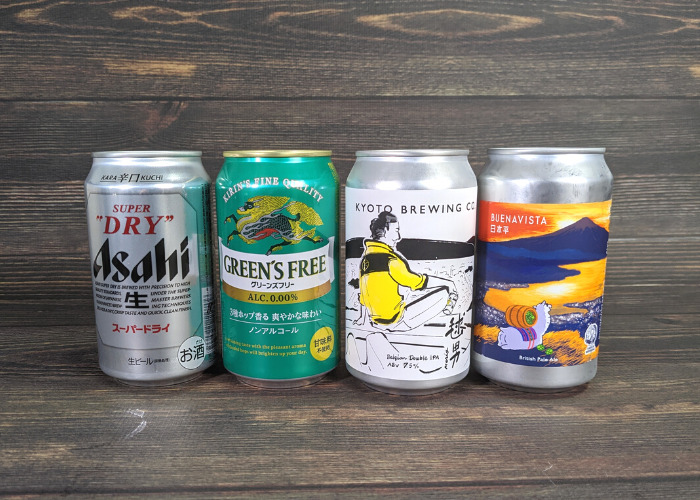 左から、スーパードライ、グリースフリー、毬男 (MARIO)、Buena Vista日本平缶