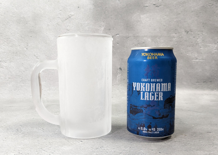 横浜ビール「横浜ラガー 缶」と空のグラス