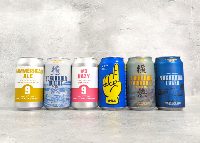 横浜ビール「横浜ラガー」と「ハマクロ」、ナンバーナインブルワリー「#9 Hazy」と「ハンマーヘッドエール」、レボブルーイング「ONE」